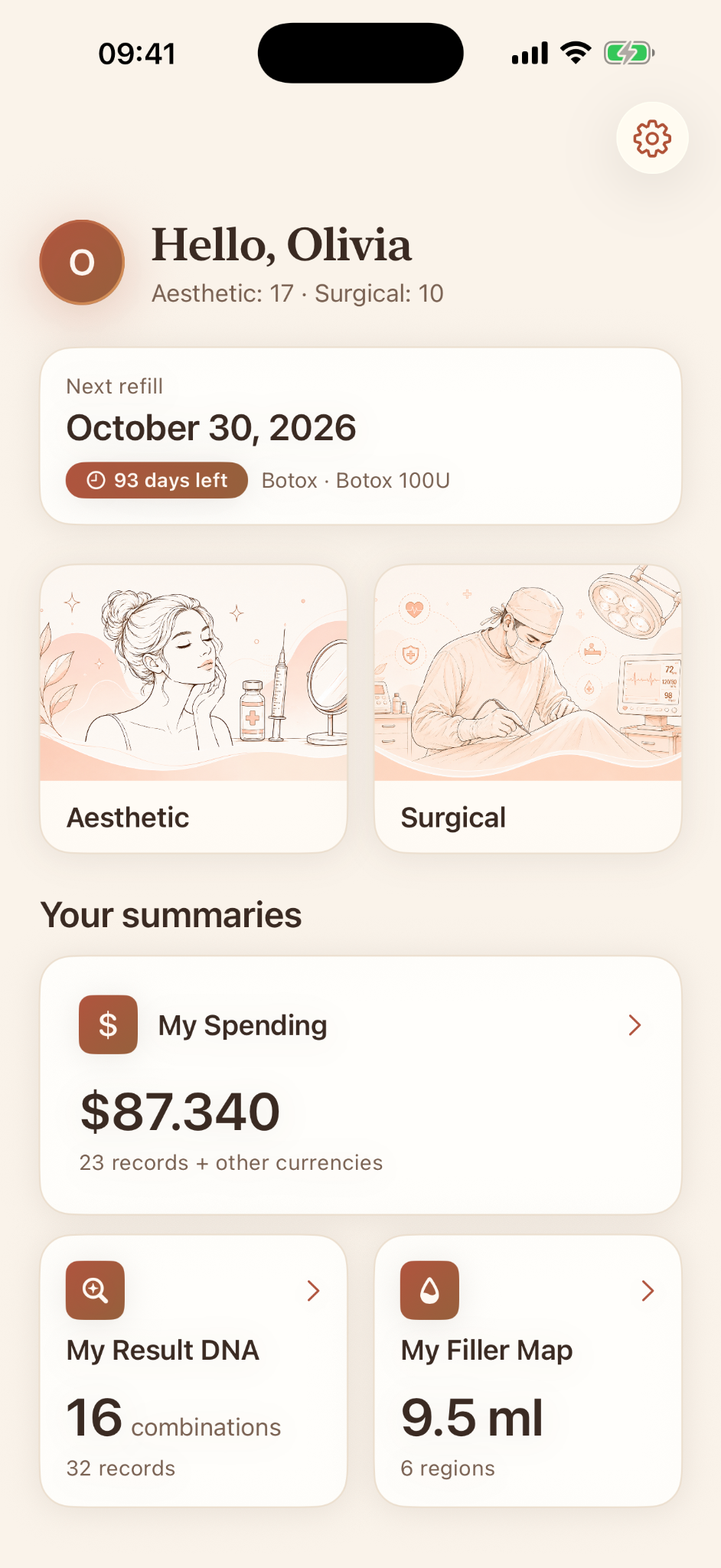 Ruyana home screen showing treatment reminders and summaries